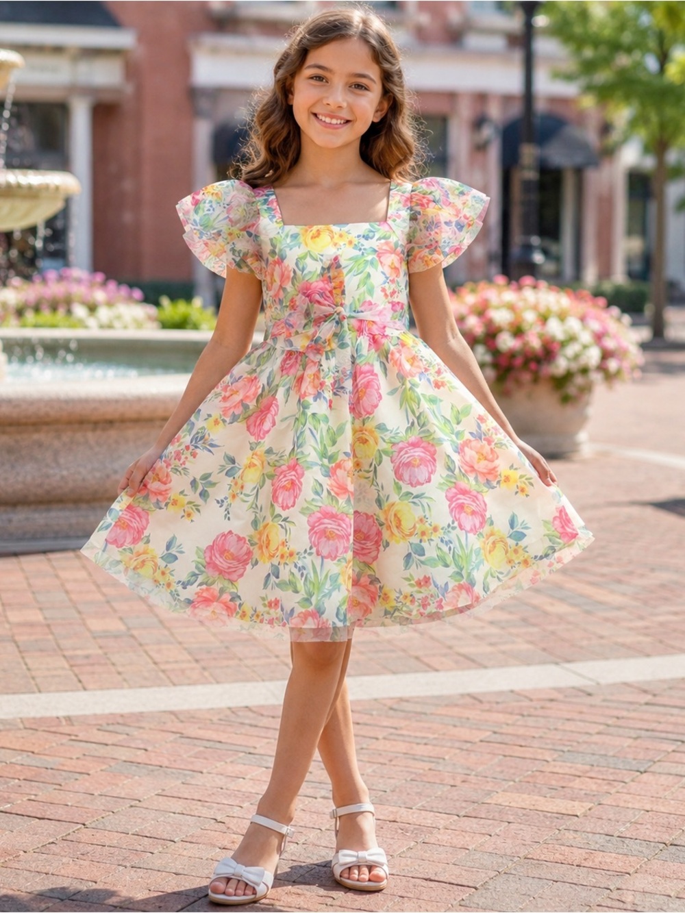 Floral Puff-Sleeve Party Dress - White with Pink & Yellow Roses Size 10 Girls